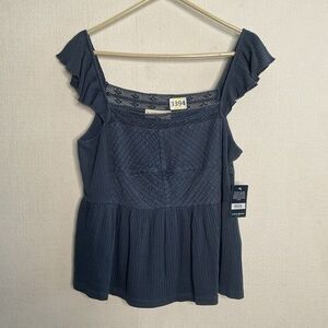 NWT Lucky Brand Textured Yoke Peplum Whisper Tank Top Women Size L Dark Denim